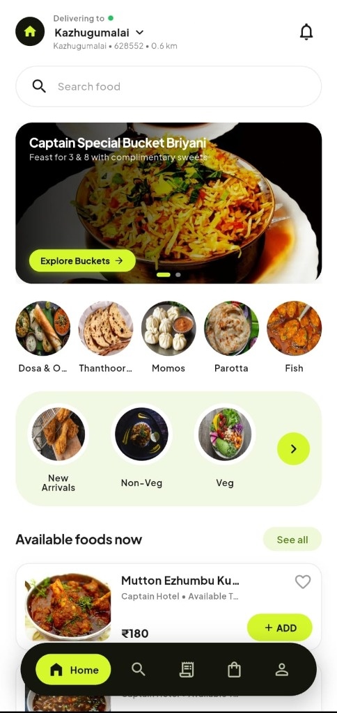 Captain Food Delivery Mobile App Screen